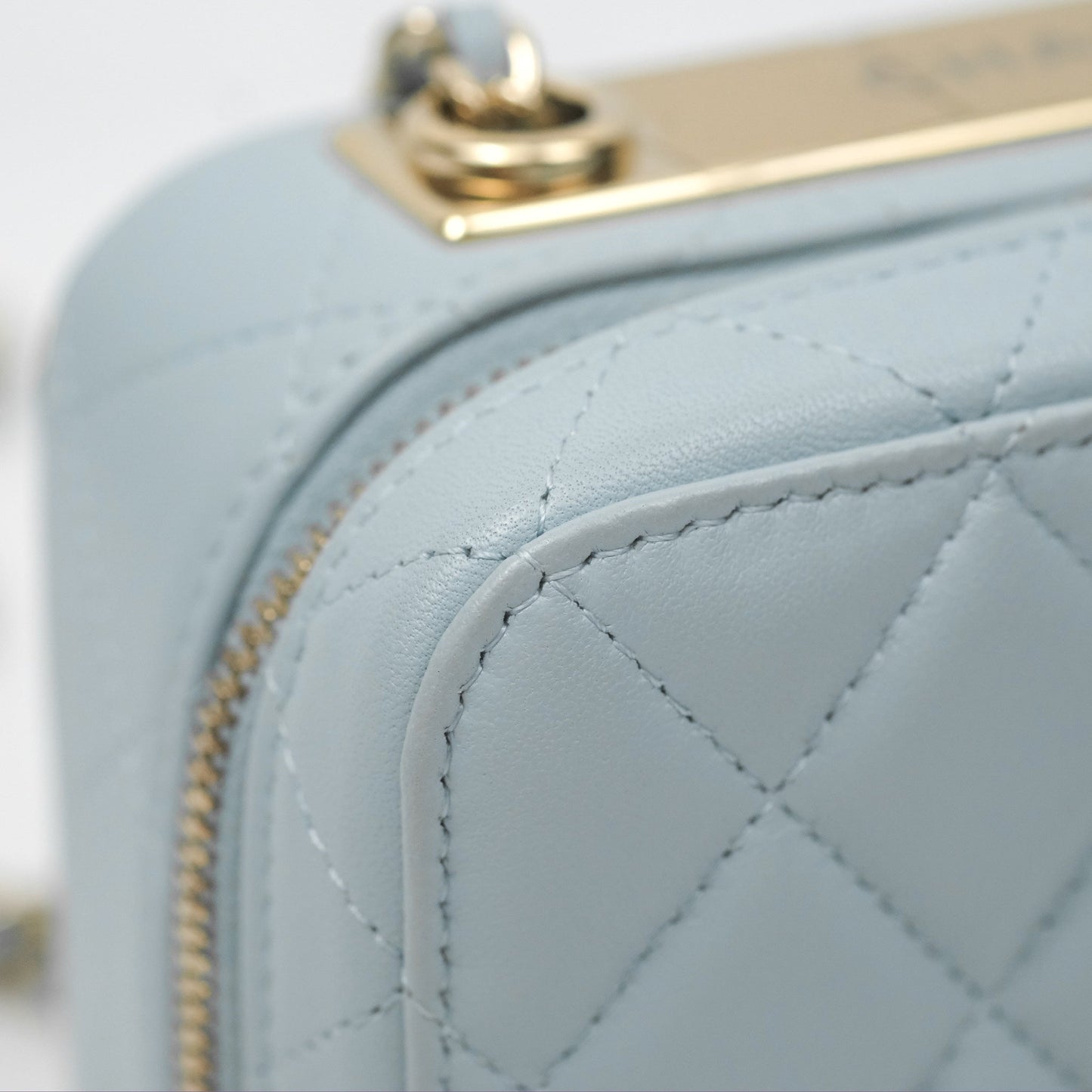 Chanel Mini Quilted Vanity Camera Case Light Blue Lambskin Gold Hardware