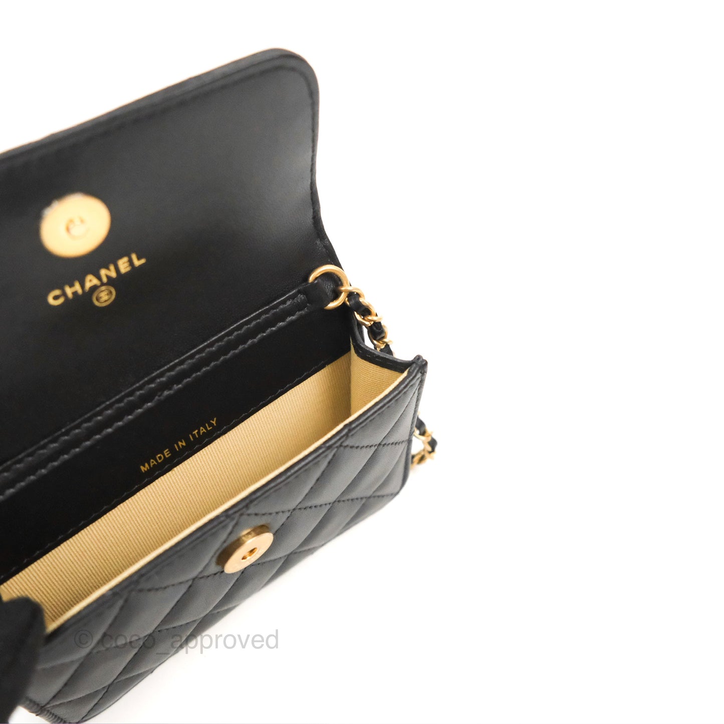 Chanel Pearl Crush Mini Clutch With Chain Black Lambskin Aged Gold Hardware