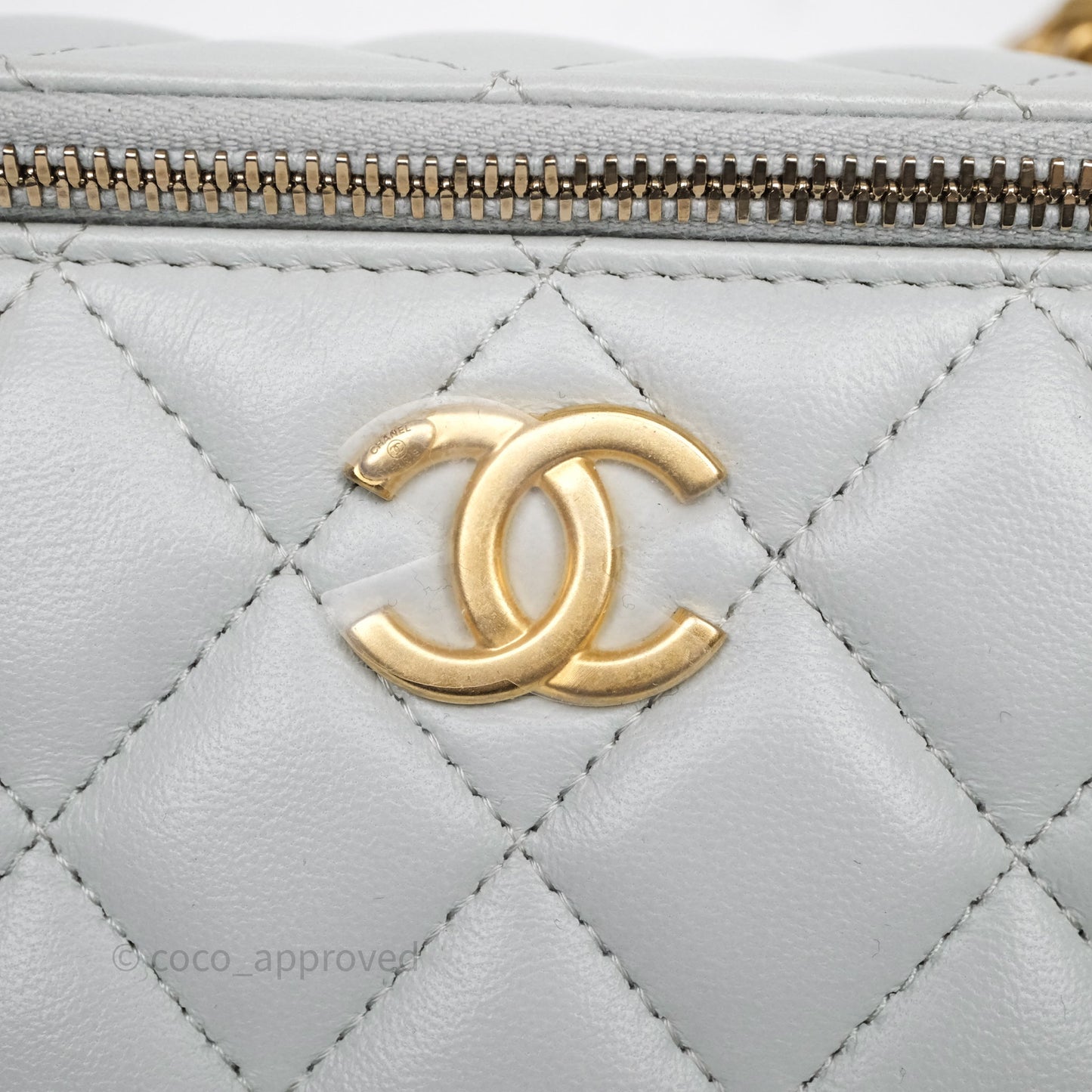 Chanel Quilted Vanity Rectangular with Camellia Adjustable Chain Blue Grey Lambskin Aged Gold Hardware