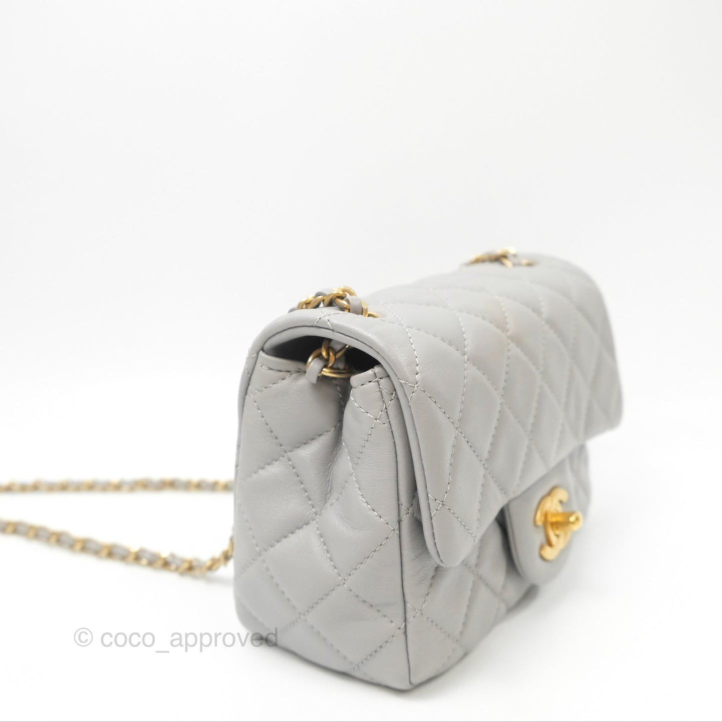 Chanel Pearl Crush Mini Square Quilted Light Grey Lambskin Aged Gold Hardware