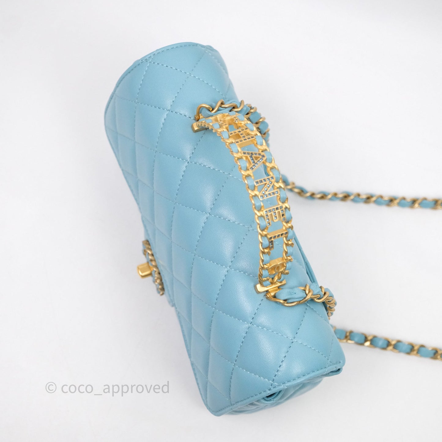 Chanel Flap Bag with Crystal Logo Top Handle Tiffany Blue Lambskin Aged Gold Hardware