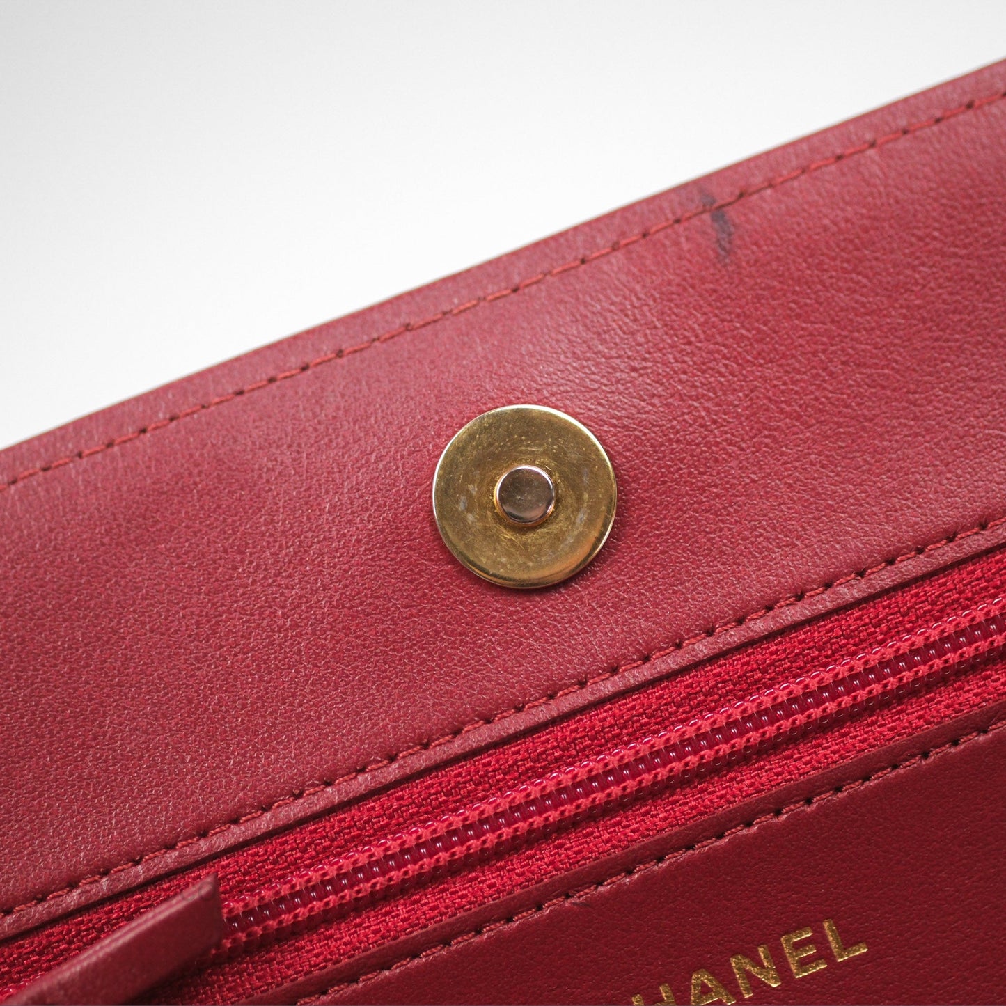 Chanel Quilted Boy Wallet on Chain WOC Red Caviar Aged Gold Hardware
