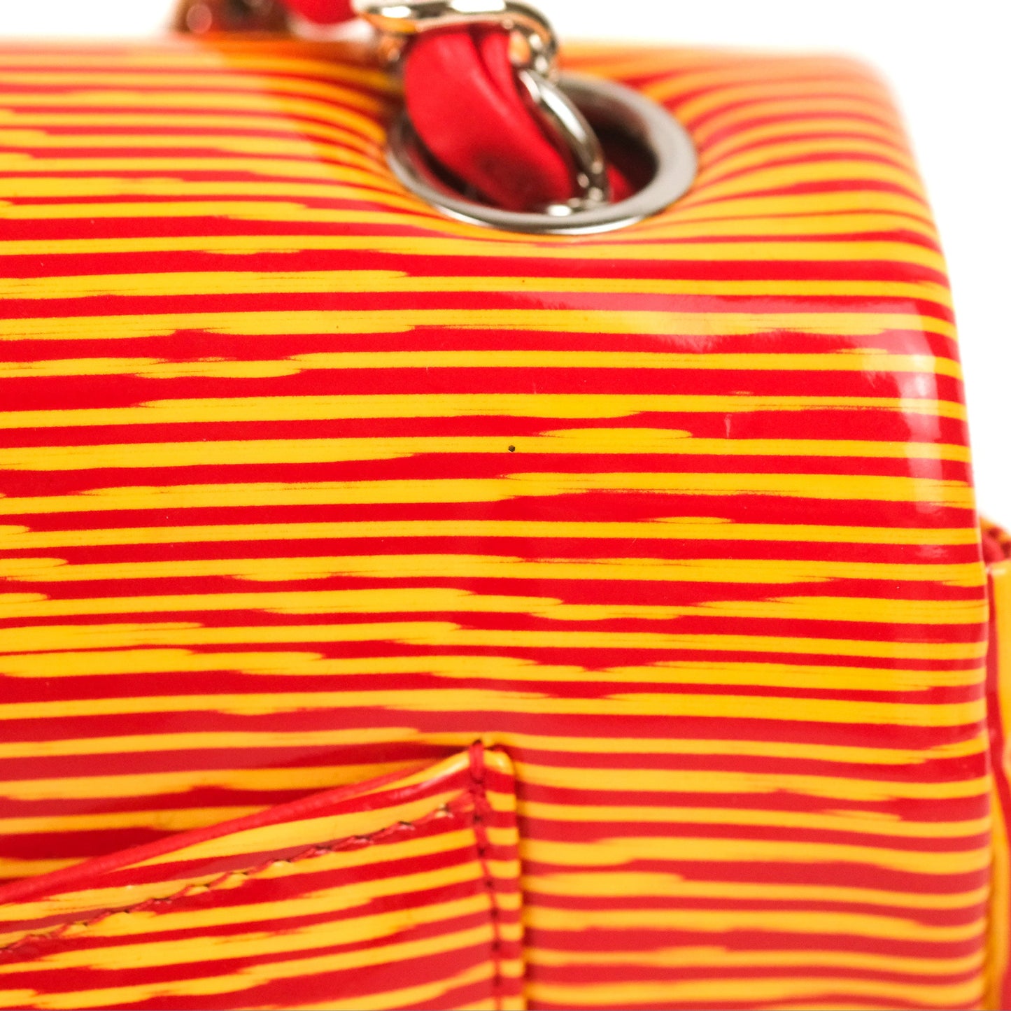 Chanel Mini Rectangular Flap Bag Orange Red Striped Patent Silver Hardware