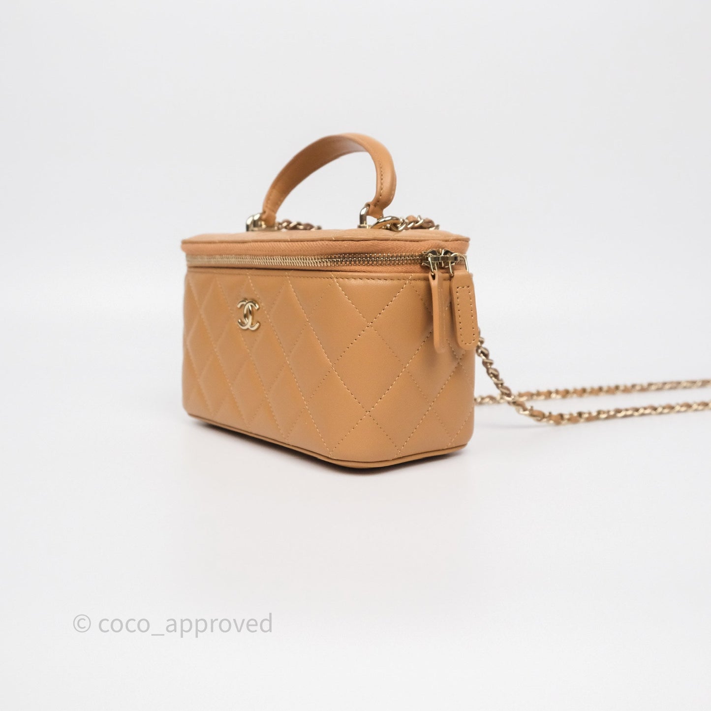 Chanel Top Handle Vanity with Chain Caramel Beige Lambskin Gold Hardware