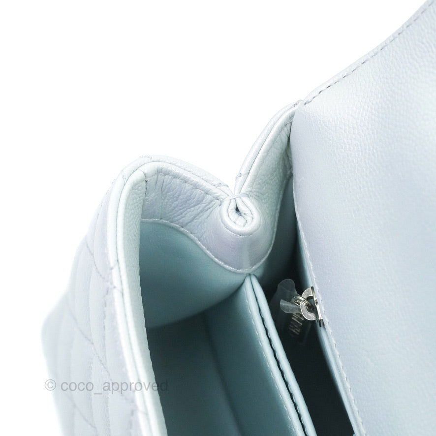 Chanel Small Coco Handle Quilted Iridescent Light Blue Caviar Rainbow Hardware