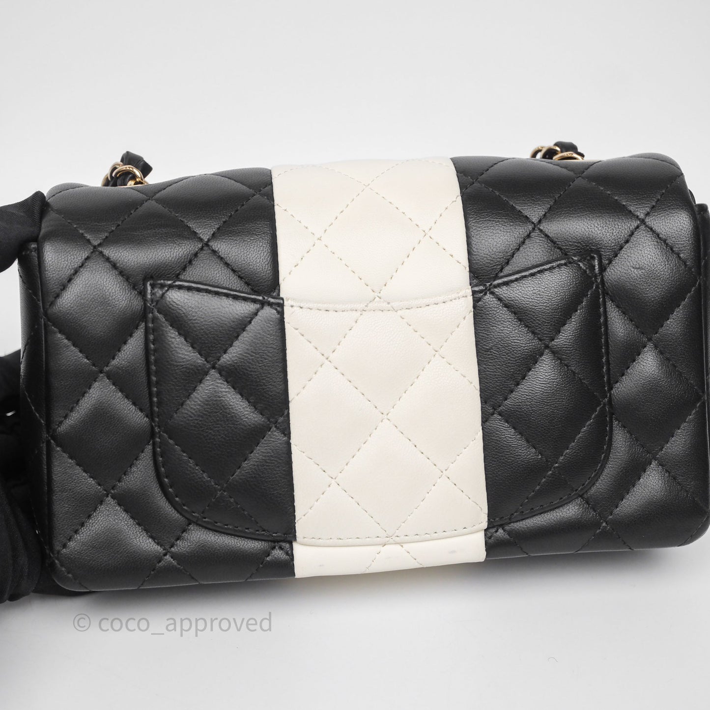 Chanel Mini Rectangular Flap Quilted Black White Lambskin Gold Hardware