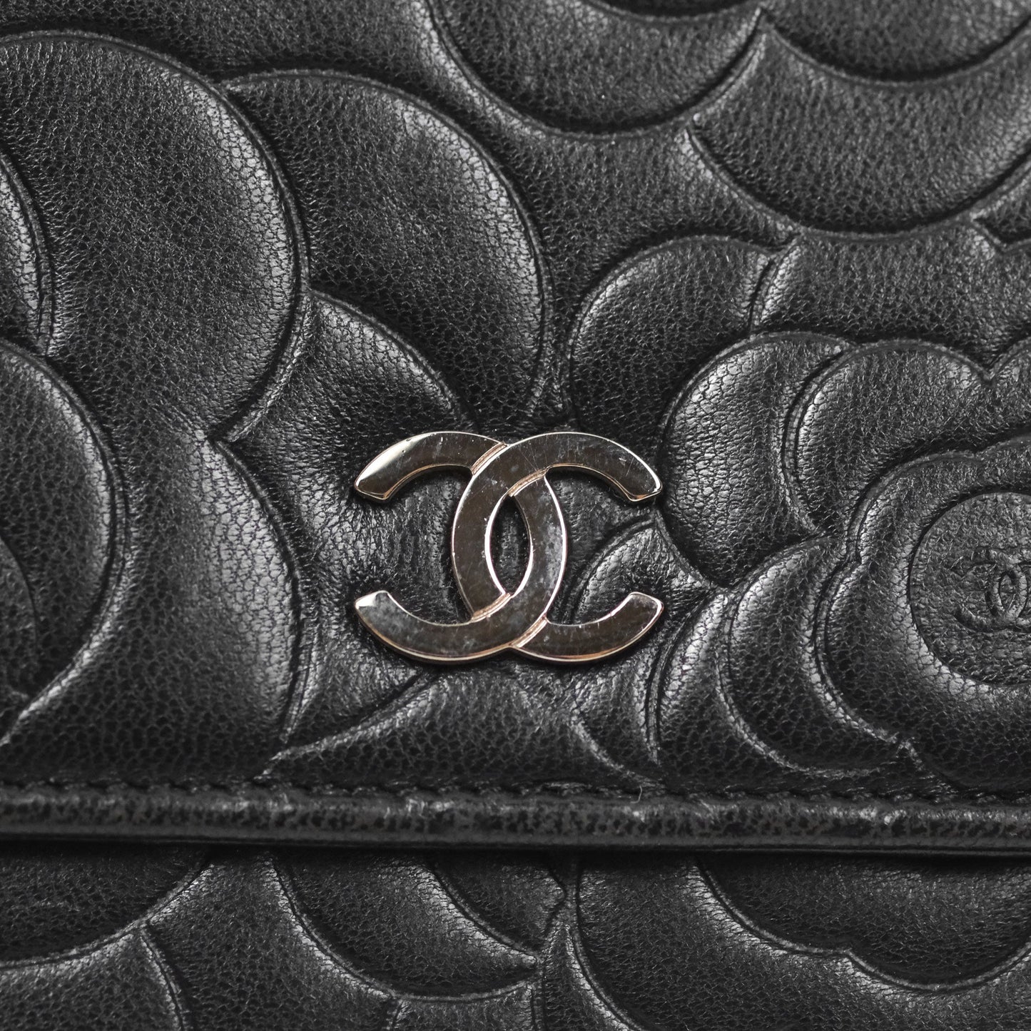 Chanel Camellia Embossed Wallet on Chain WOC Black Lambskin Silver Hardware
