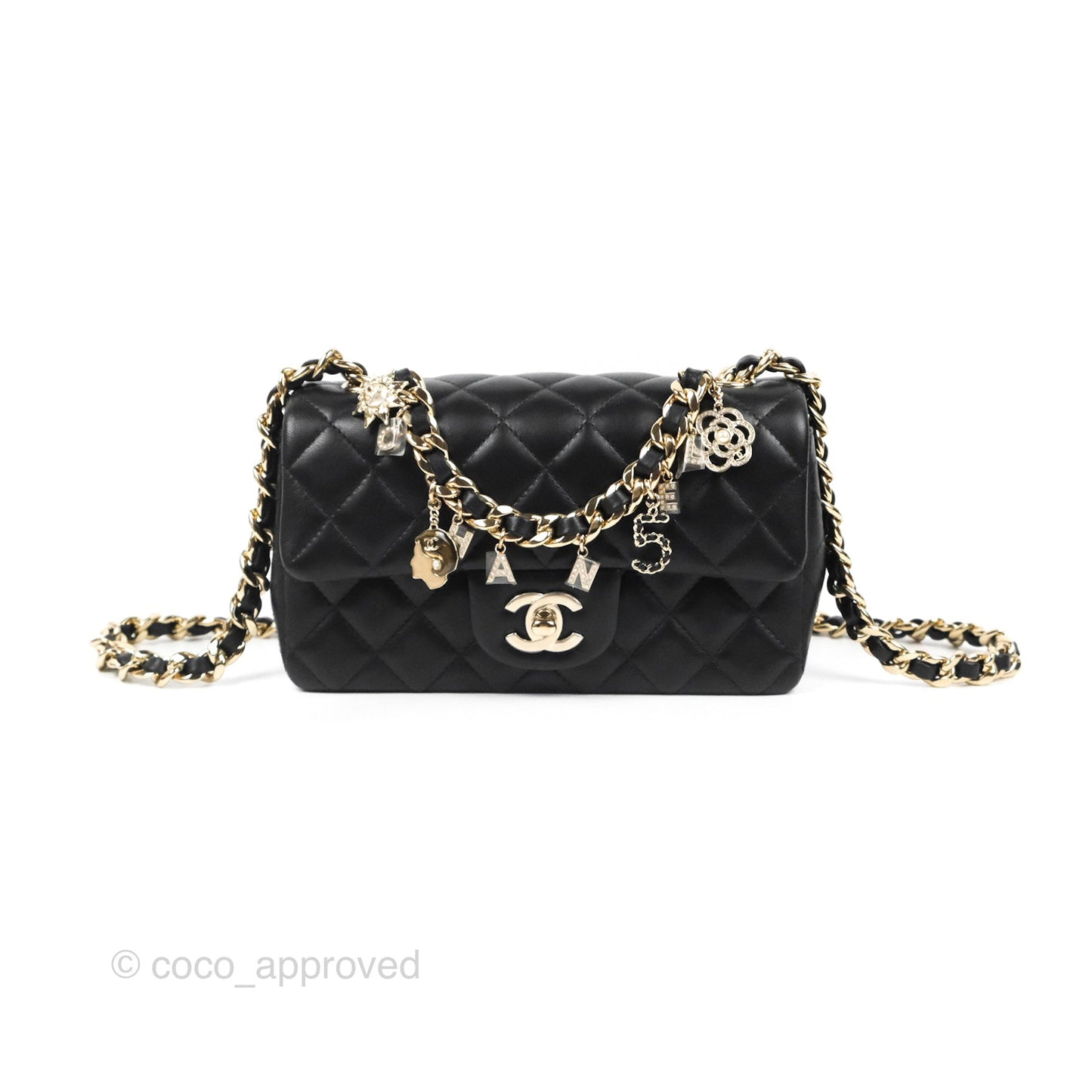 Chanel Quilted Mini Rectangular Lambskin Black Flap With Charms Gold Hardware 21C