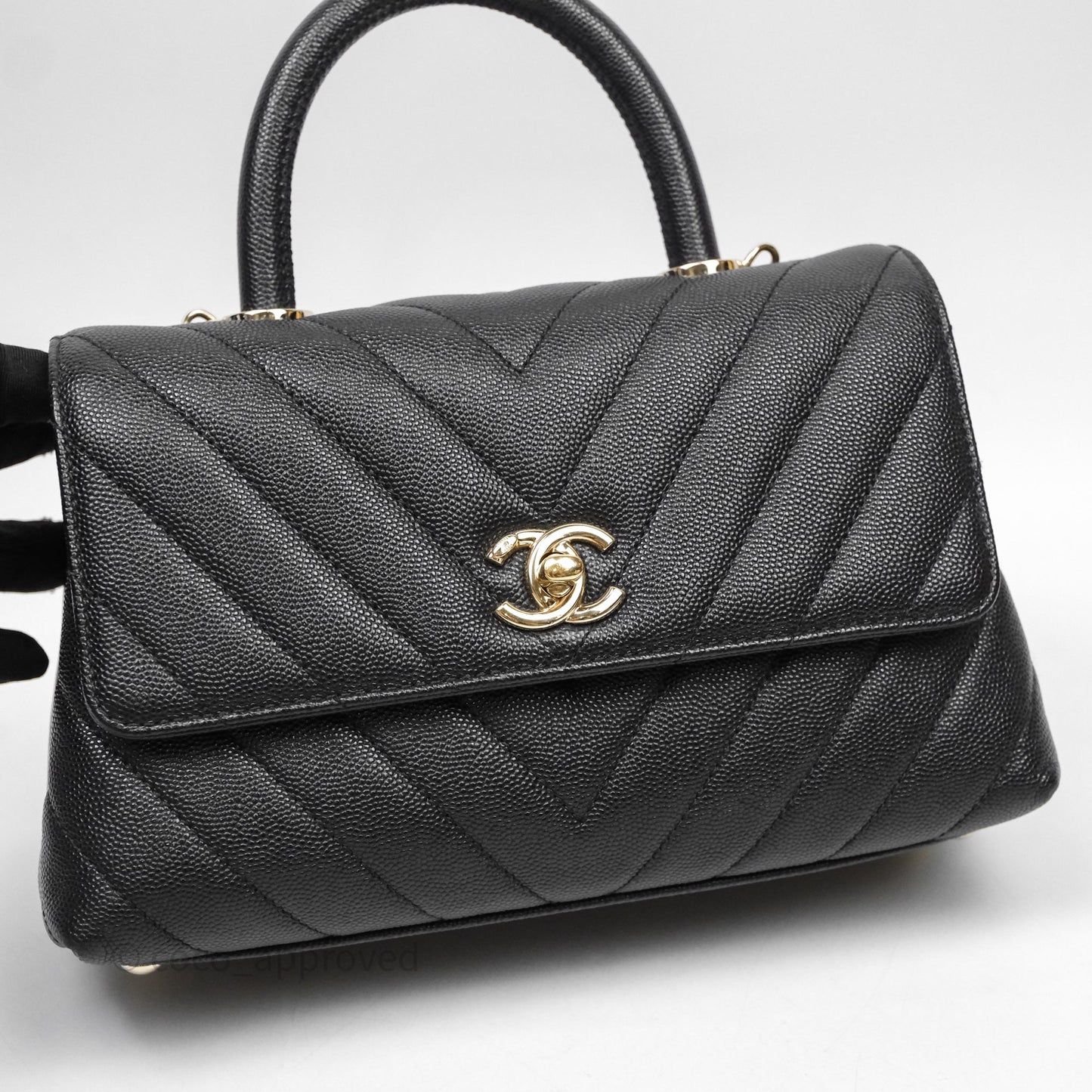 Chanel Small Coco Handle Chevron Black Caviar Gold Hardware Lizard Handle