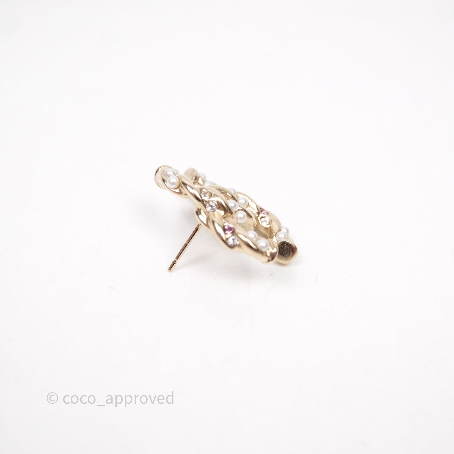 Chanel CC Pearl Crystals Earrings Gold Tone 23B