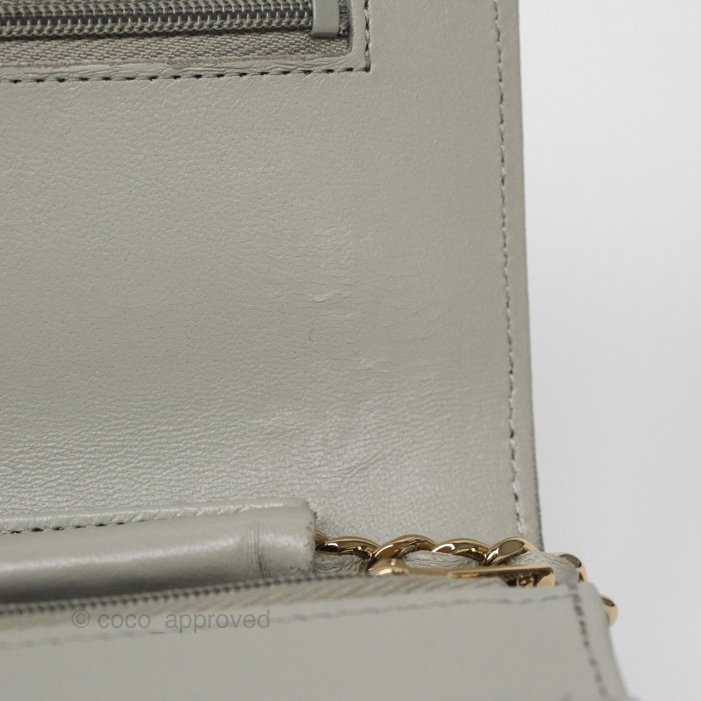 Chanel Classic Quilted Wallet on Chain WOC Light Grey Lambskin Gold Hardware