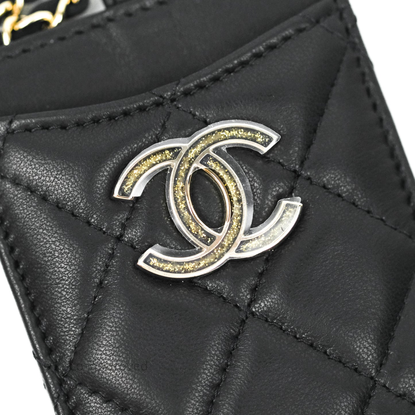 Chanel Quilted Glitter CC Chain Card Holder Black Lambskin Gold Hardware