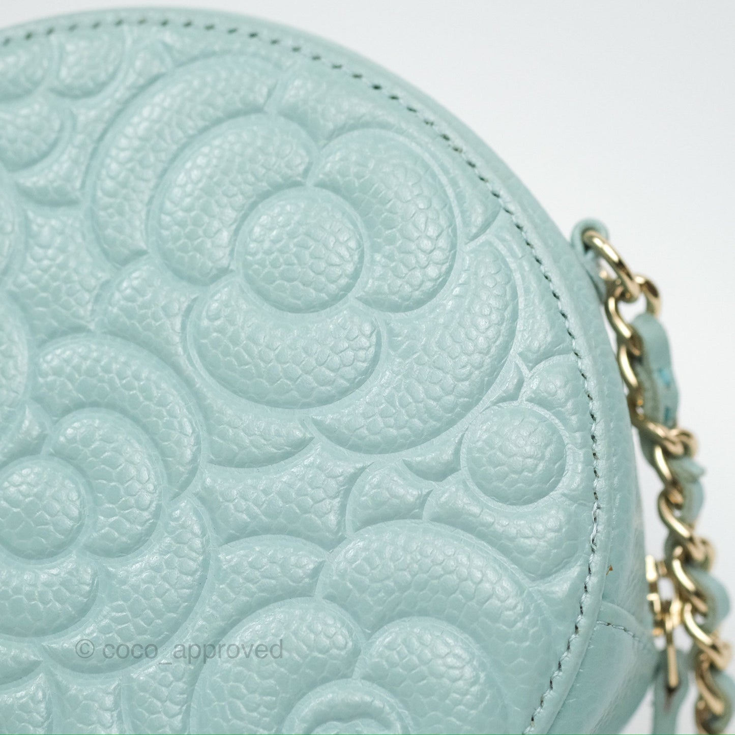 Chanel Camellia Embossed Round Clutch With Chain Light Tiffany Blue Caviar