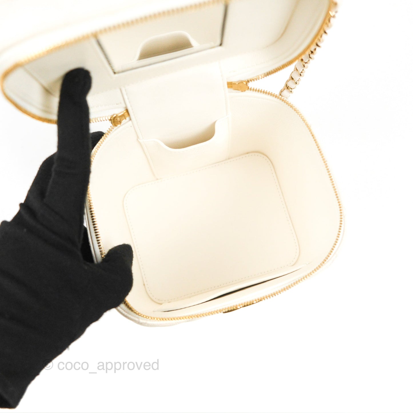 Chanel Quilted Top Handle Vanity Case White Caviar Gold Hardware