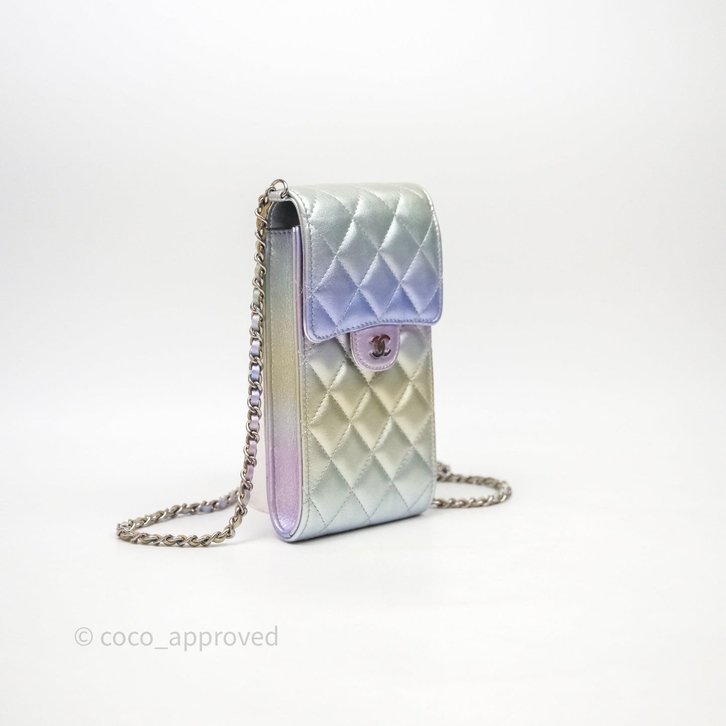 Chanel Classic Quilted Metallic Rainbow Lambskin Phone Holder Rainbow Hardware