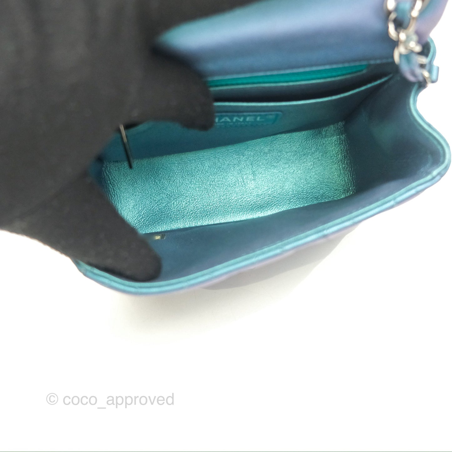 Chanel Mini Square Flap Quilted Iridescent Teal Lambskin Gun Metal