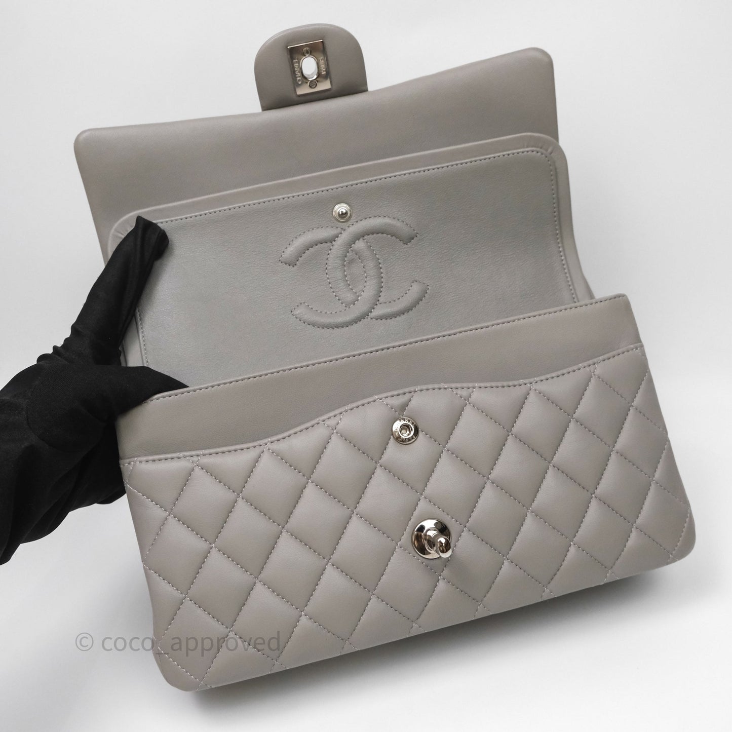 Chanel Classic M/L Medium Flap Quilted Grey Lambskin Silver Hardware