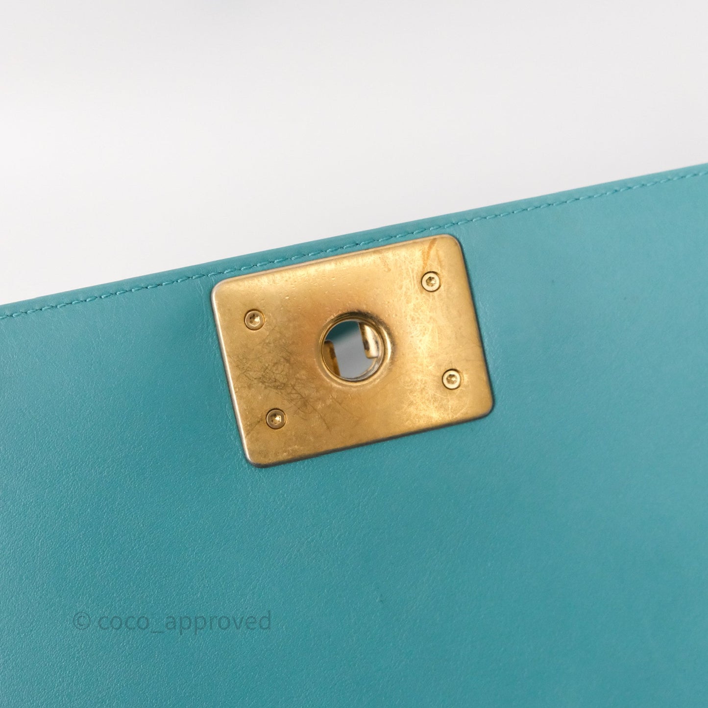 Chanel Medium Boy Quilted Turquoise Calfskin Aged Gold Hardware