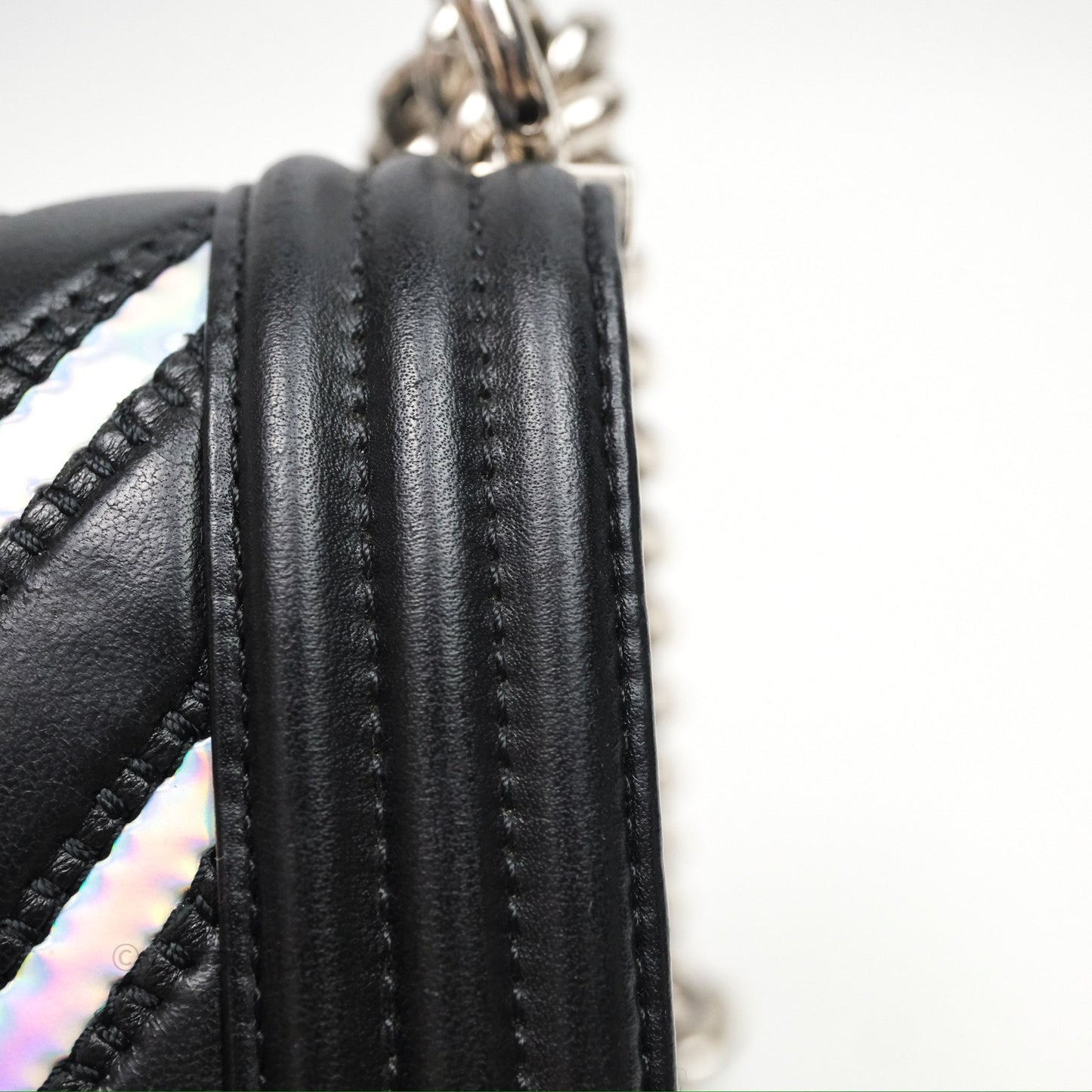 Chanel Medium Boy Chevron Iridescent PVC Lambskin Black Silver Hardware