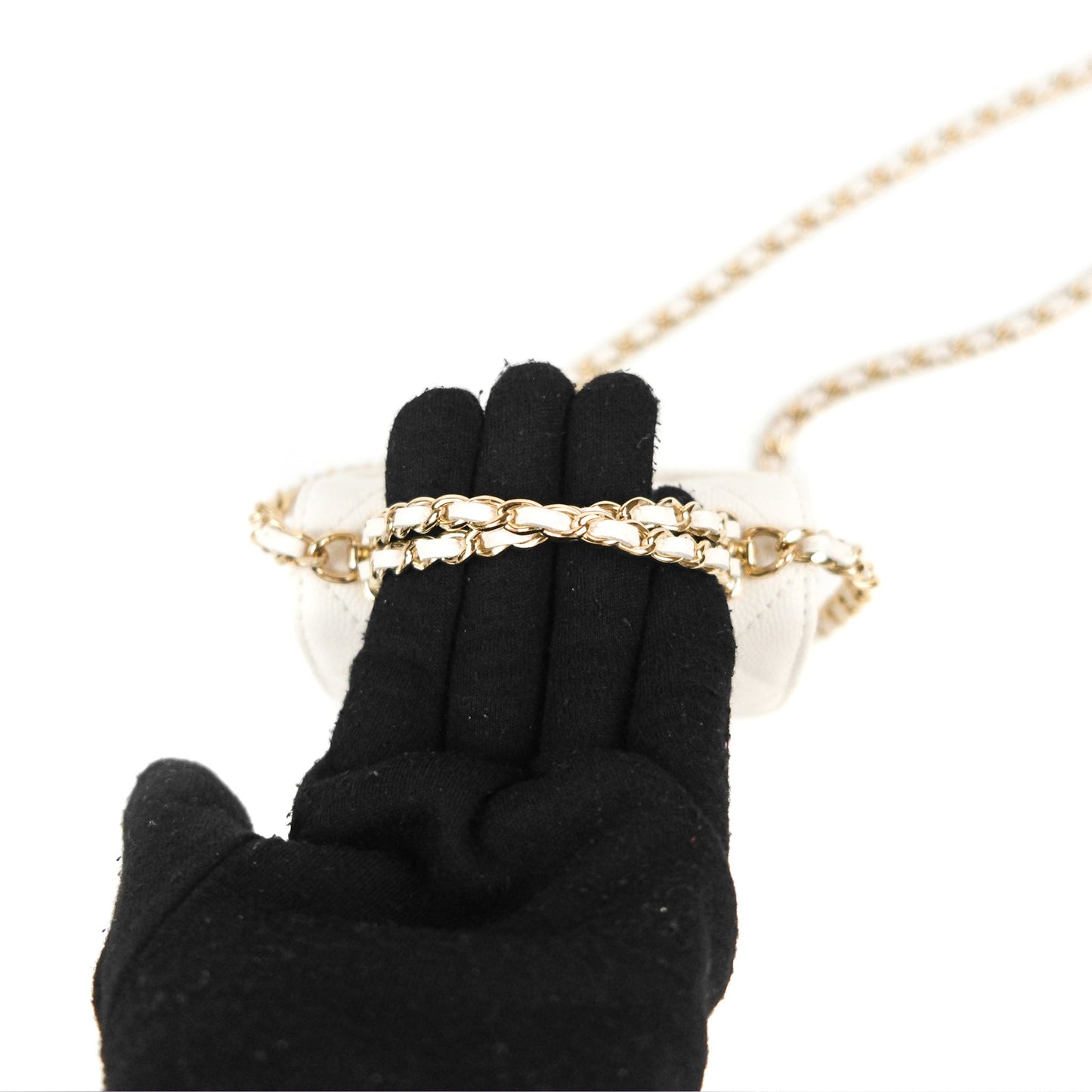 Chanel Mini Top Handle Clutch with Chain White Caviar Light Gold Hardware 23P