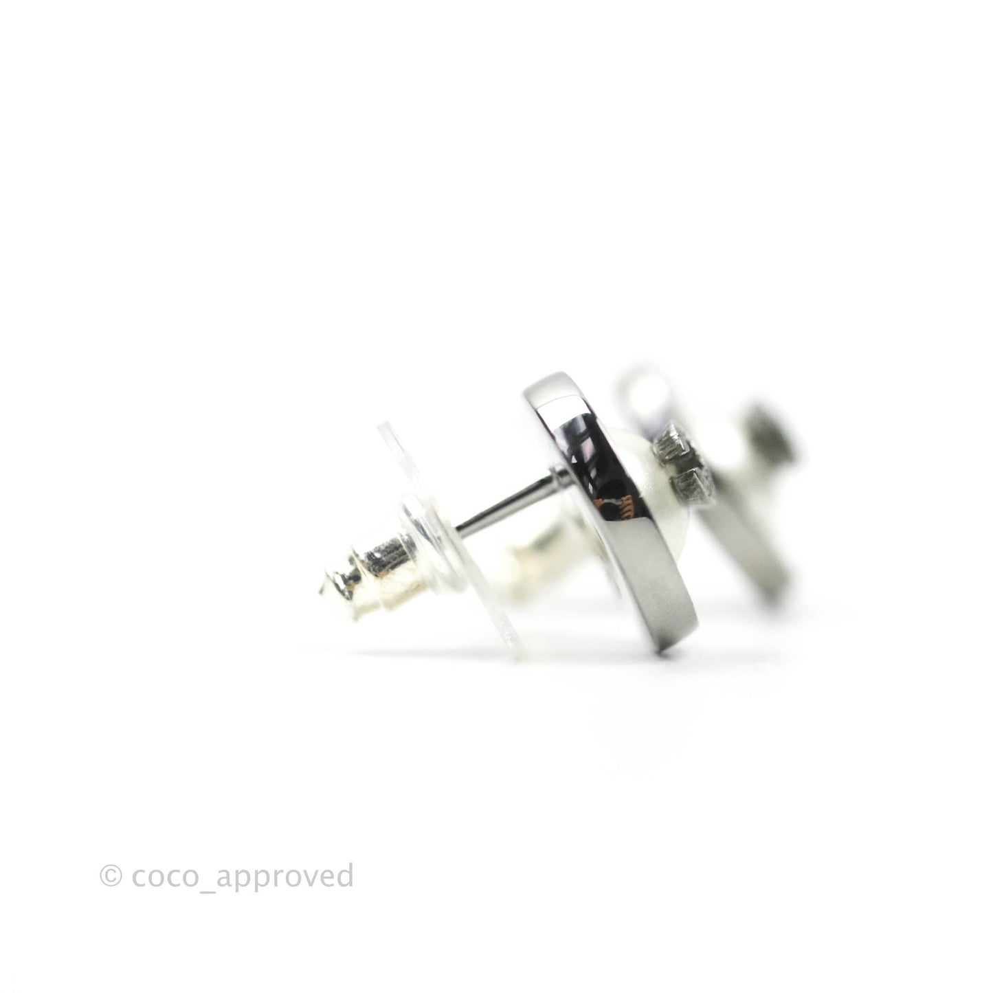 Chanel CC Pearl Crystal Round Earrings Gun Metal 21A