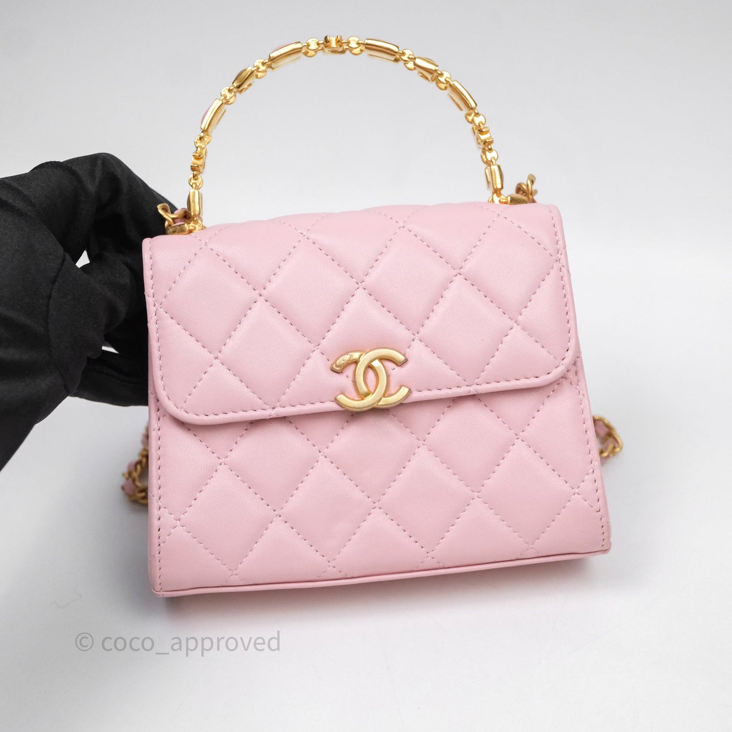 Chanel Mini Enamel Handle Clutch on Chain Pink Lambskin Gold Hardware