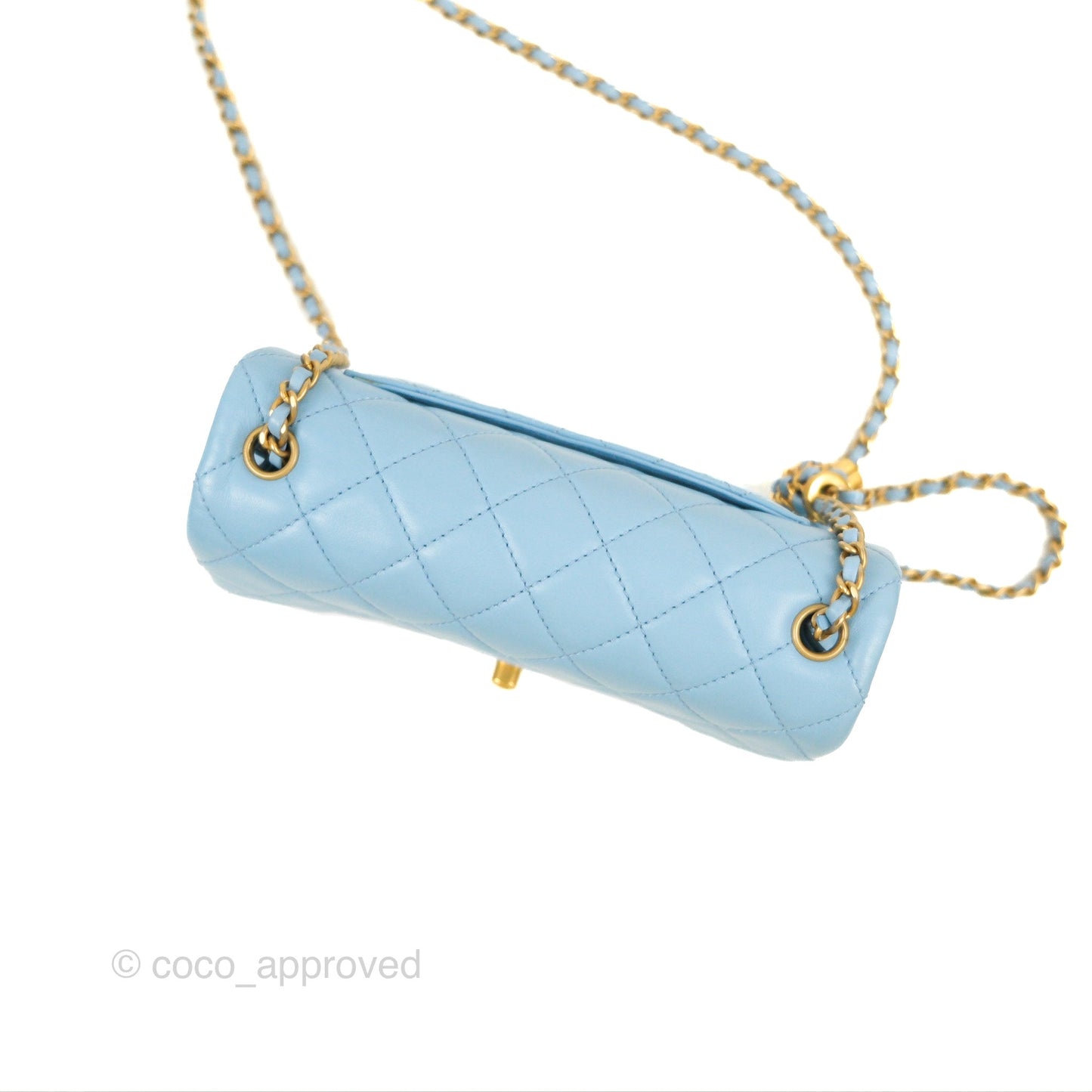 Chanel Mini Rectangular Pearl Crush Quilted Blue Lambskin Aged Gold Hardware