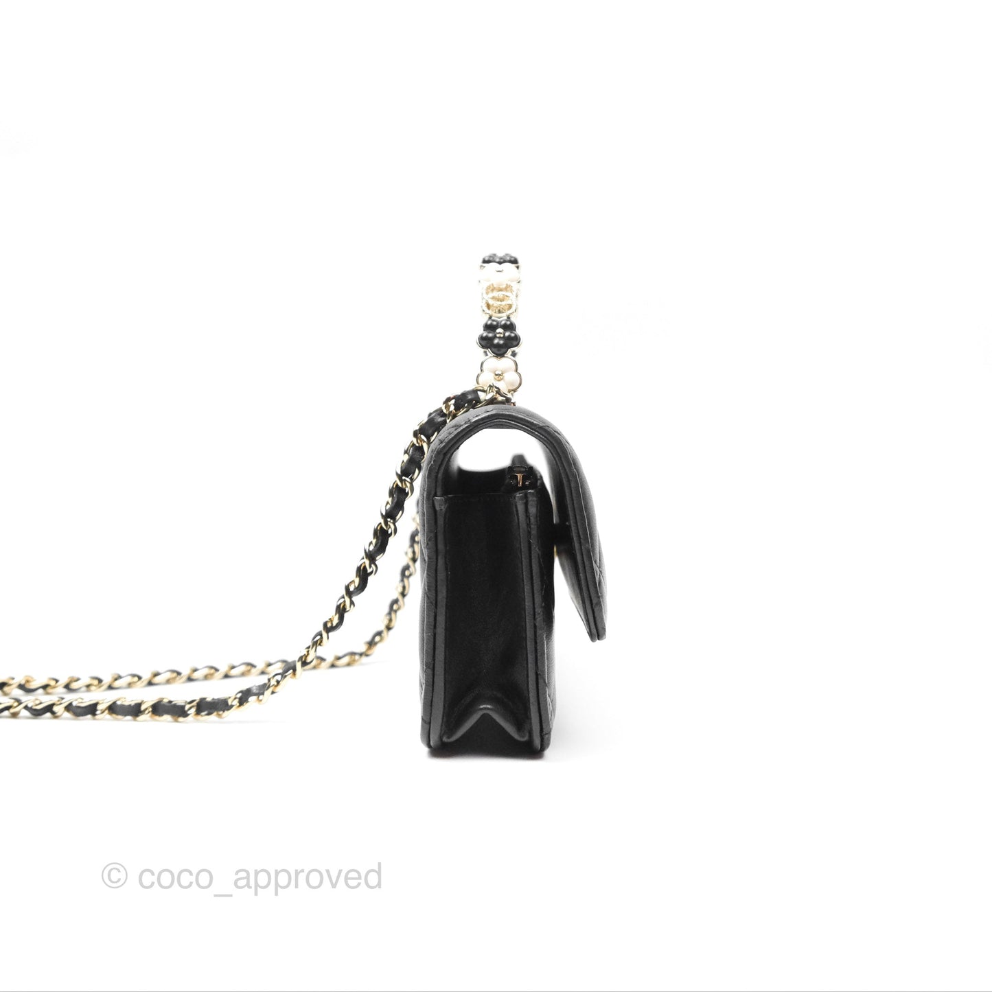 Chanel Camellia Handle Mini WOC Phone Holder with Chain Black Lambskin 23K