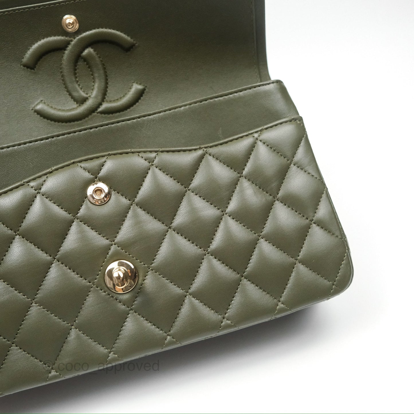 Chanel Classic M/L Medium Flap Quilted Lambskin Army Green Gold Hardware