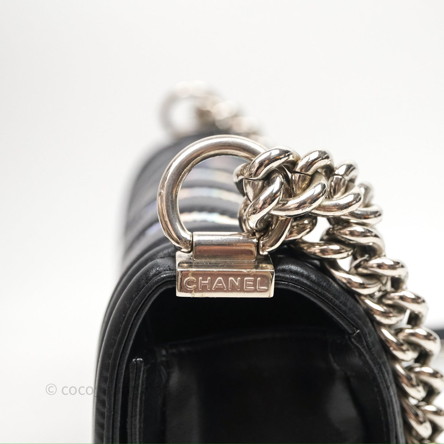Chanel Medium Boy Chevron Iridescent PVC Lambskin Black Silver Hardware