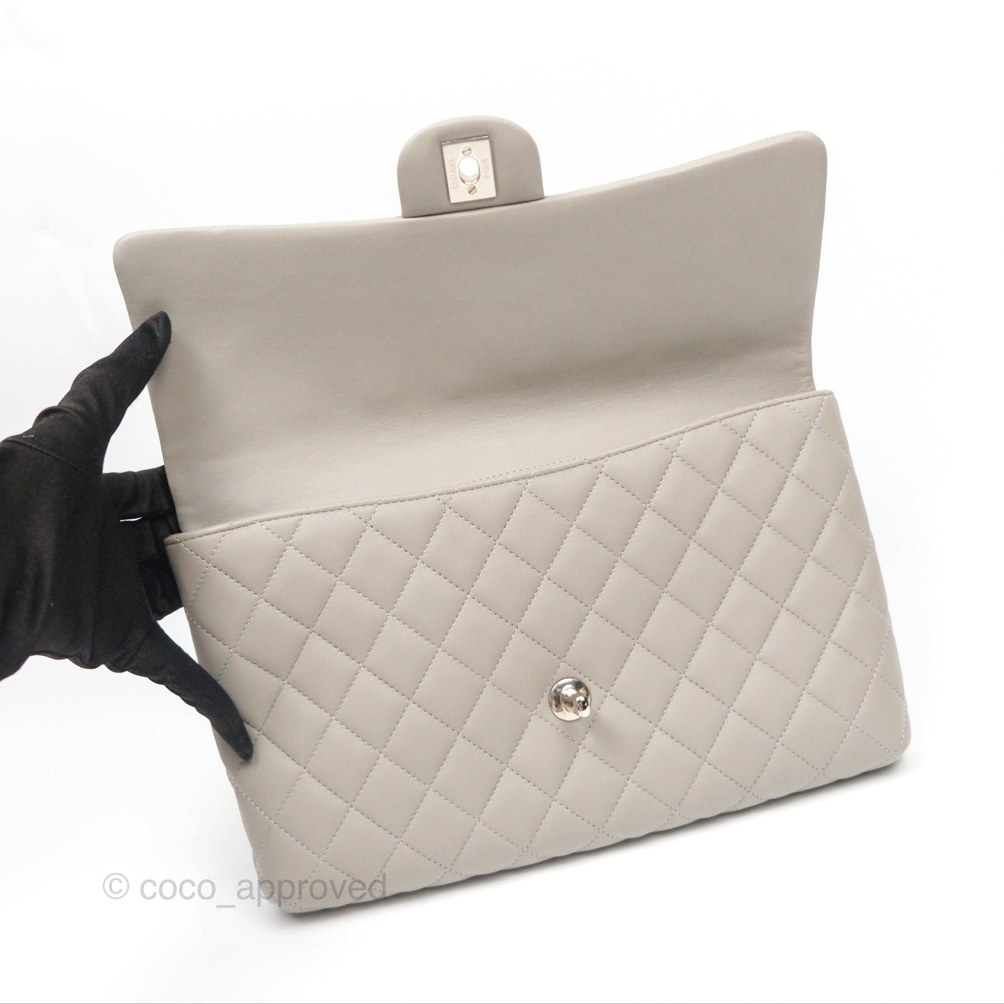 Chanel Classic Flap Clutch Quilted Light Grey Lambskin Silver Hardware