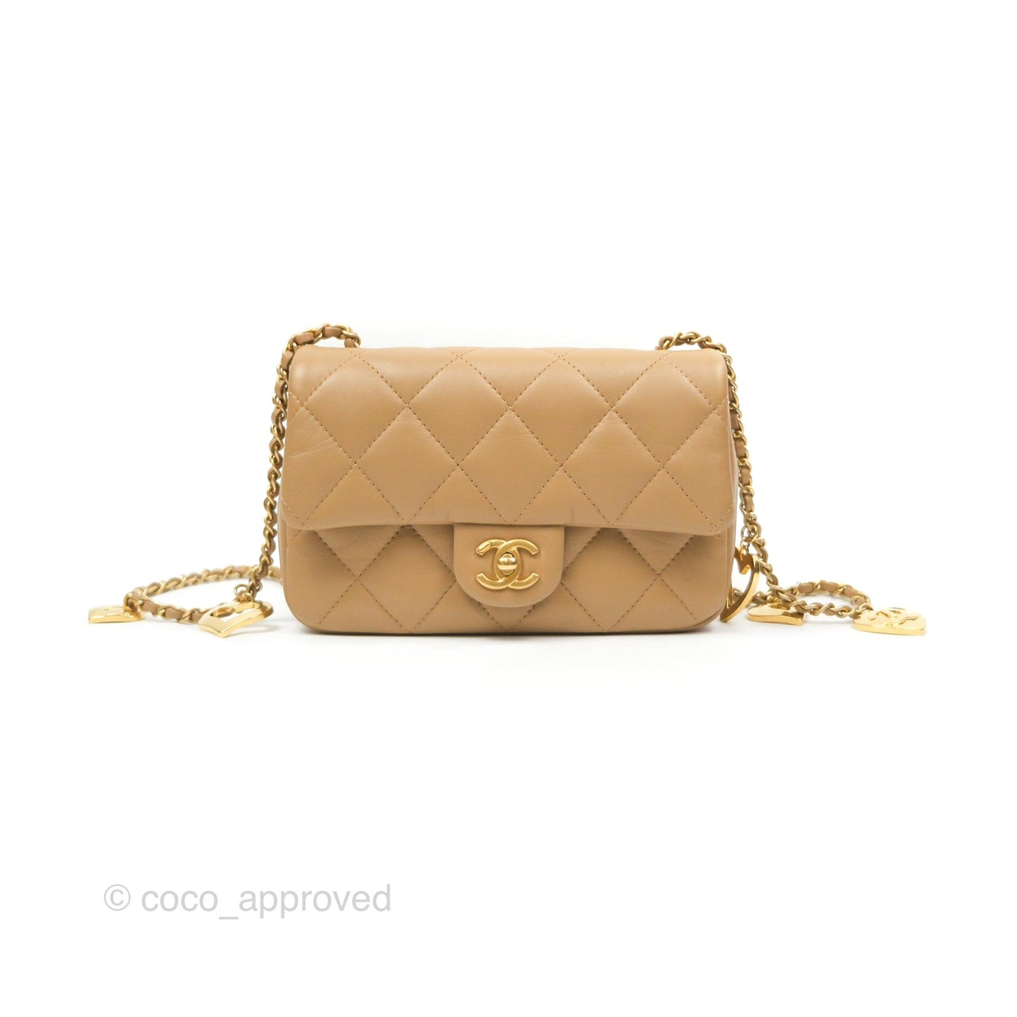 Chanel Mini Flap Bag With Heart CC Charm Dark Beige Lambskin Aged Gold Hardware