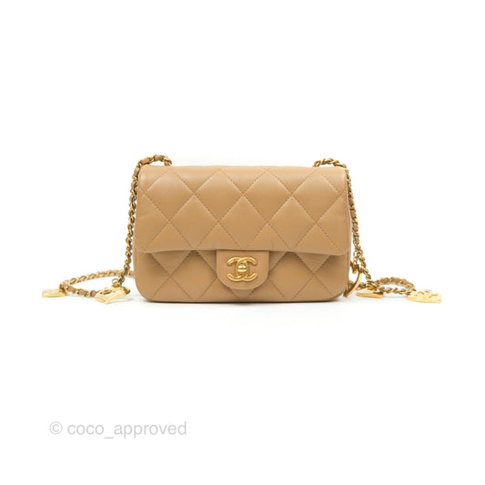Chanel Mini Flap Bag With Heart CC Charm Dark Beige Lambskin Aged Gold Hardware