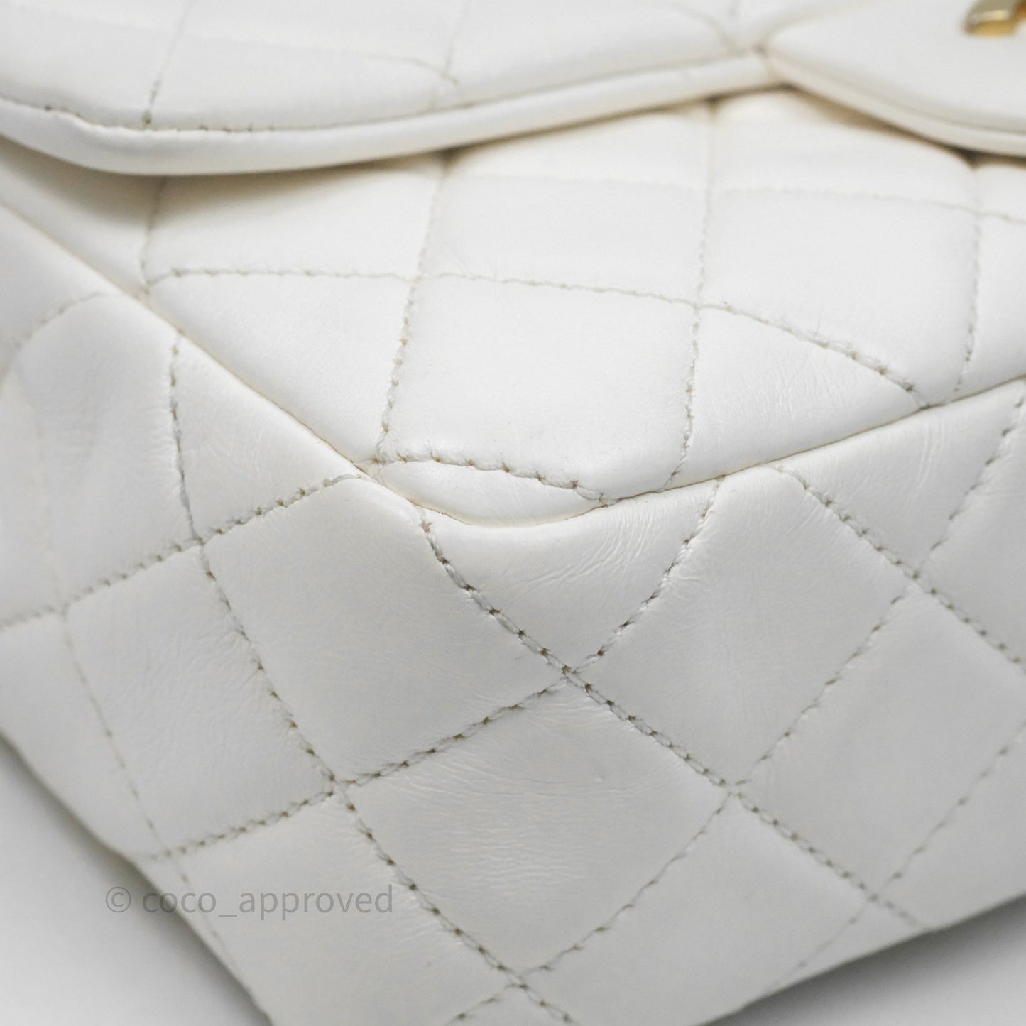 Chanel Mini Rectangular Pearl Crush Quilted White Lambskin Aged Gold Hardware