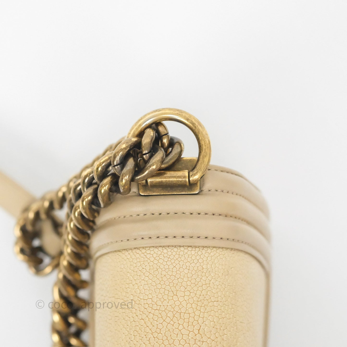 Chanel Small Boy Stingray Beige Antique Gold Hardware