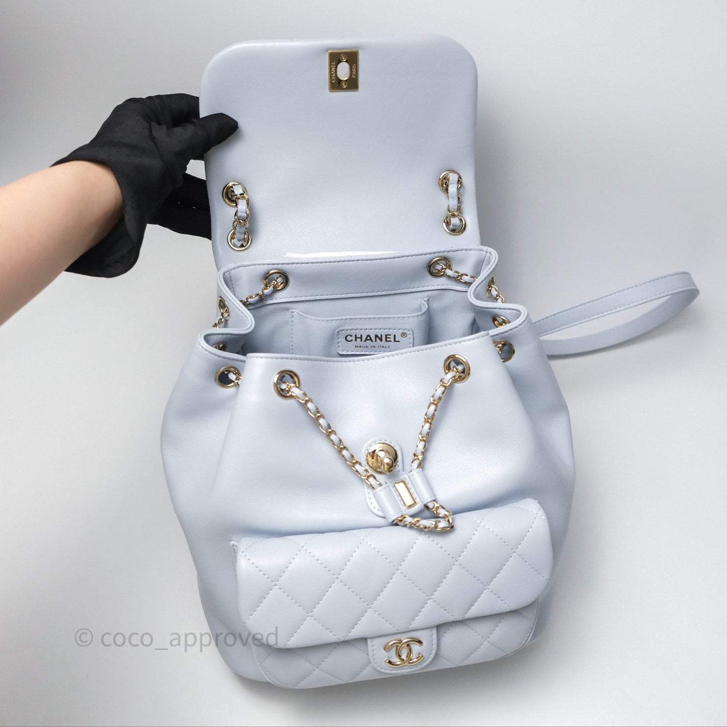 Chanel Quilted Large Duma Drawstring Backpack Light Blue Calfskin