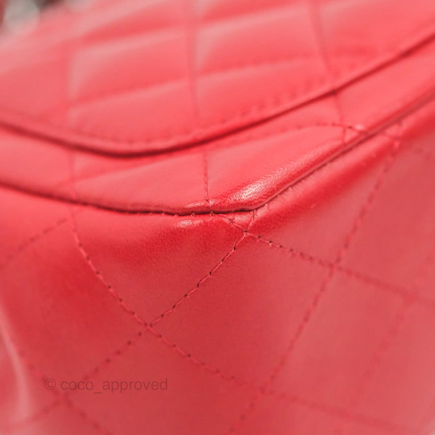 Chanel Quilted Mini Square Red Lambskin Gun Metal