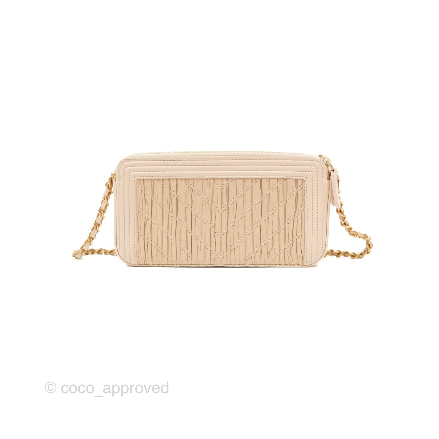 Chanel Boy Double Zip Clutch On Chain Chevron Pale Beige Aged Gold Hardware
