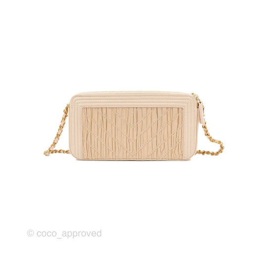 Chanel Boy Double Zip Clutch On Chain Chevron Pale Beige Aged Gold Hardware