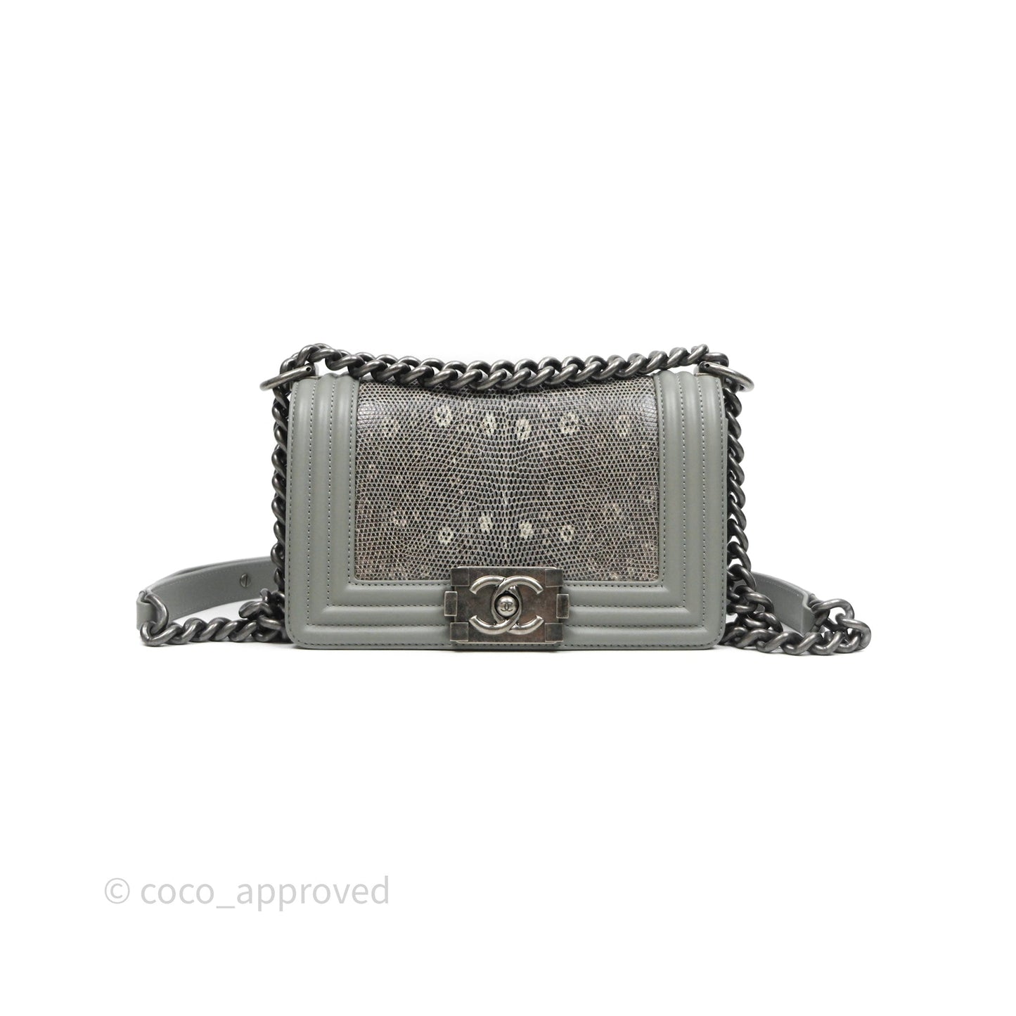 Chanel Small Boy Quilted Bag Grey Lizard Calfskin Ruthenium Hardware