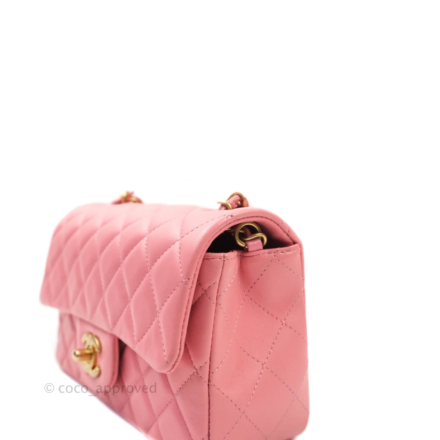Chanel Classic Quilted Mini Rectangular Flap Pink Lambskin Aged Gold Hardware