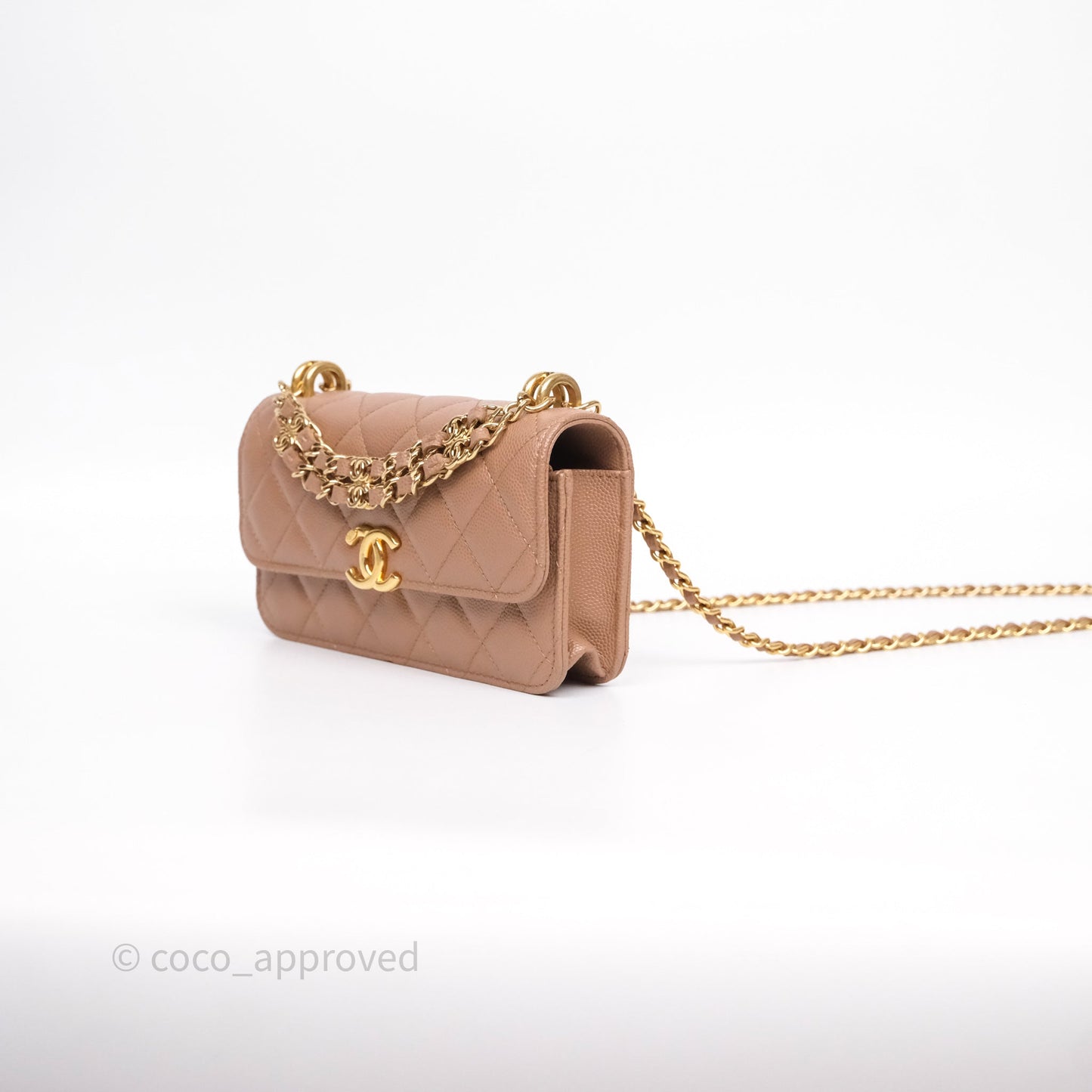 Chanel Coco First Phone Holder Dark Beige Caviar Gold Hardware 22K
