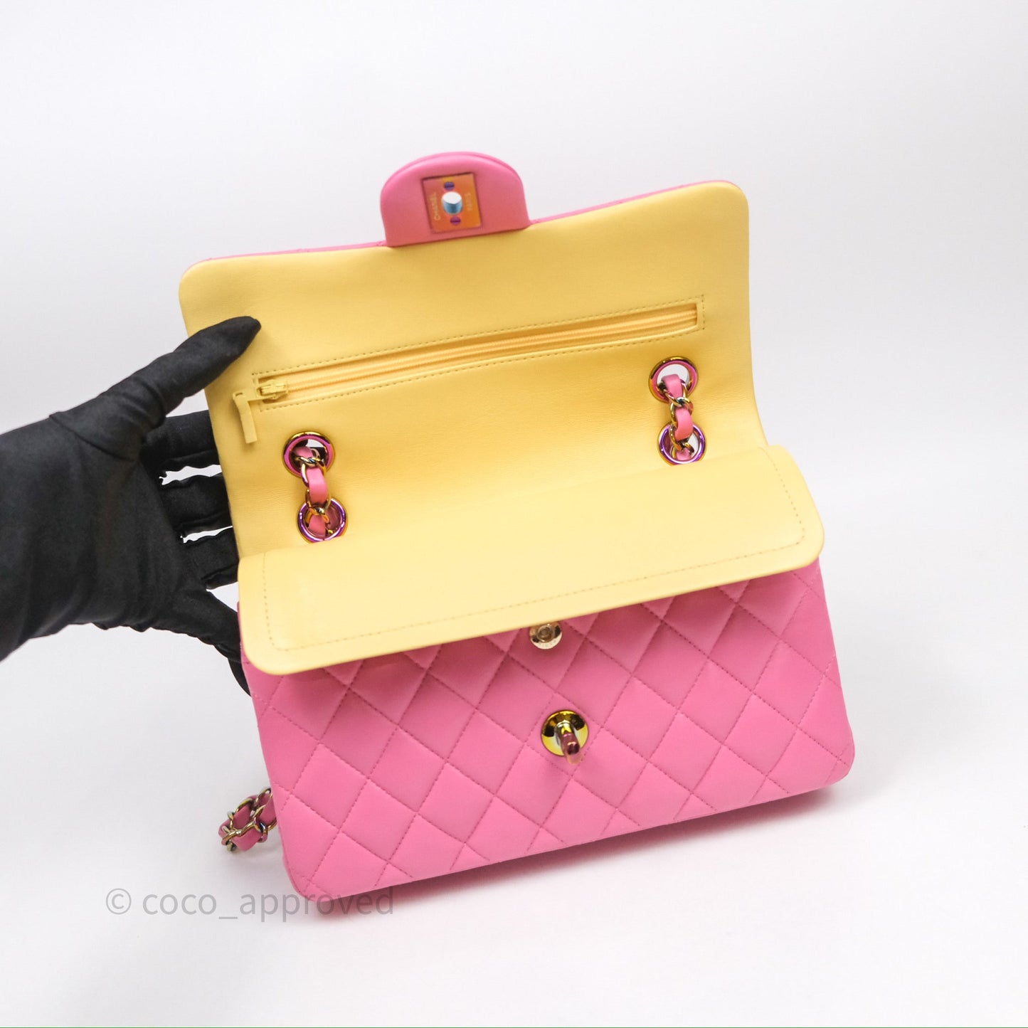 Chanel Small Classic Flap Quilted Pink Lambskin Rainbow Hardware