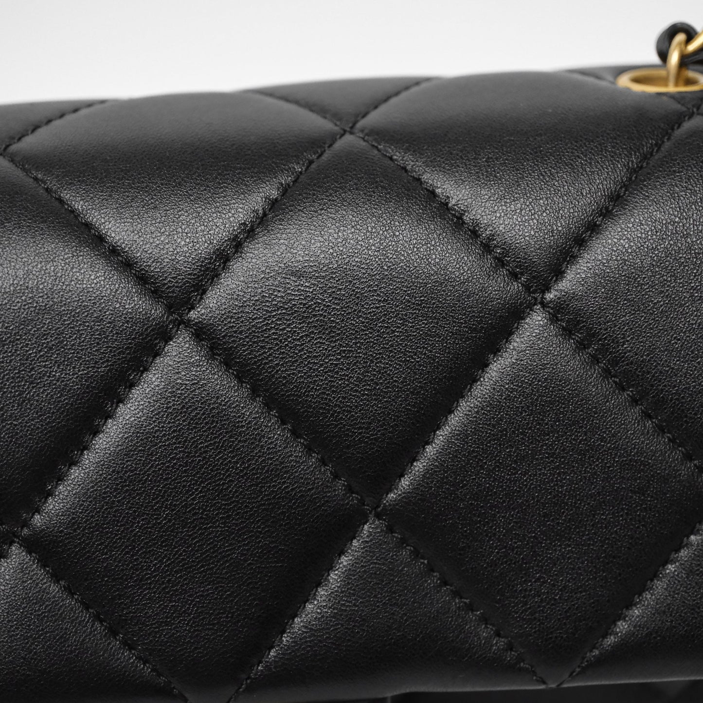Chanel Quilted Flap Bag with Pearl Chain Black Calfskin Aged Gold Hardware