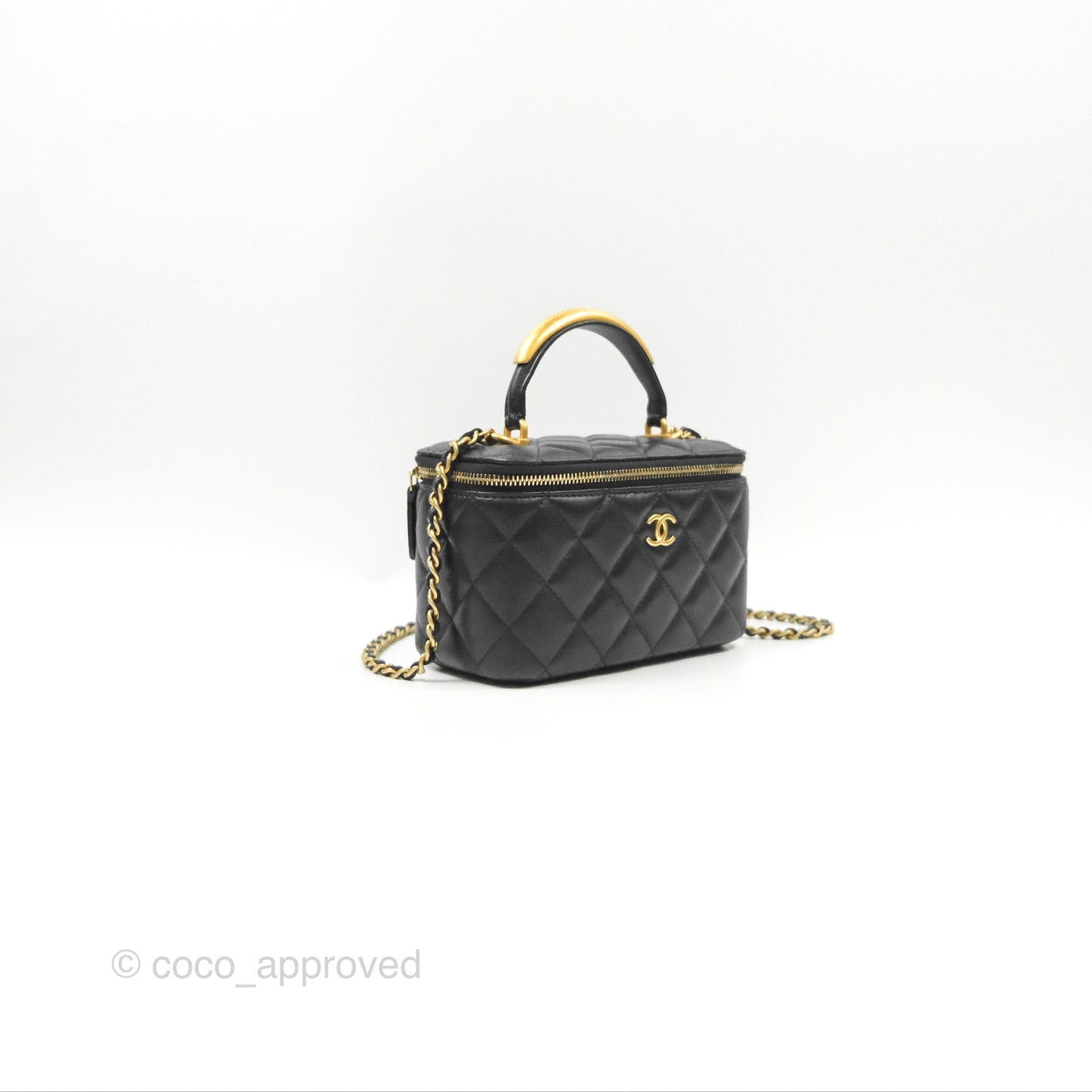 Chanel Vanity Rectangular Metal Top Handle Black Lambskin Aged Gold Hardware 22B