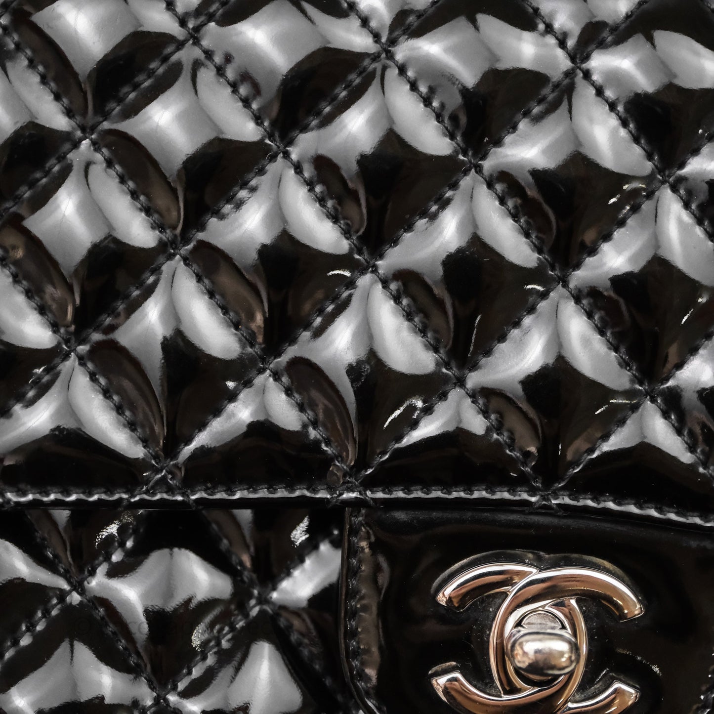 Chanel Quilted Medium Flap Black Patent Silver Hardware