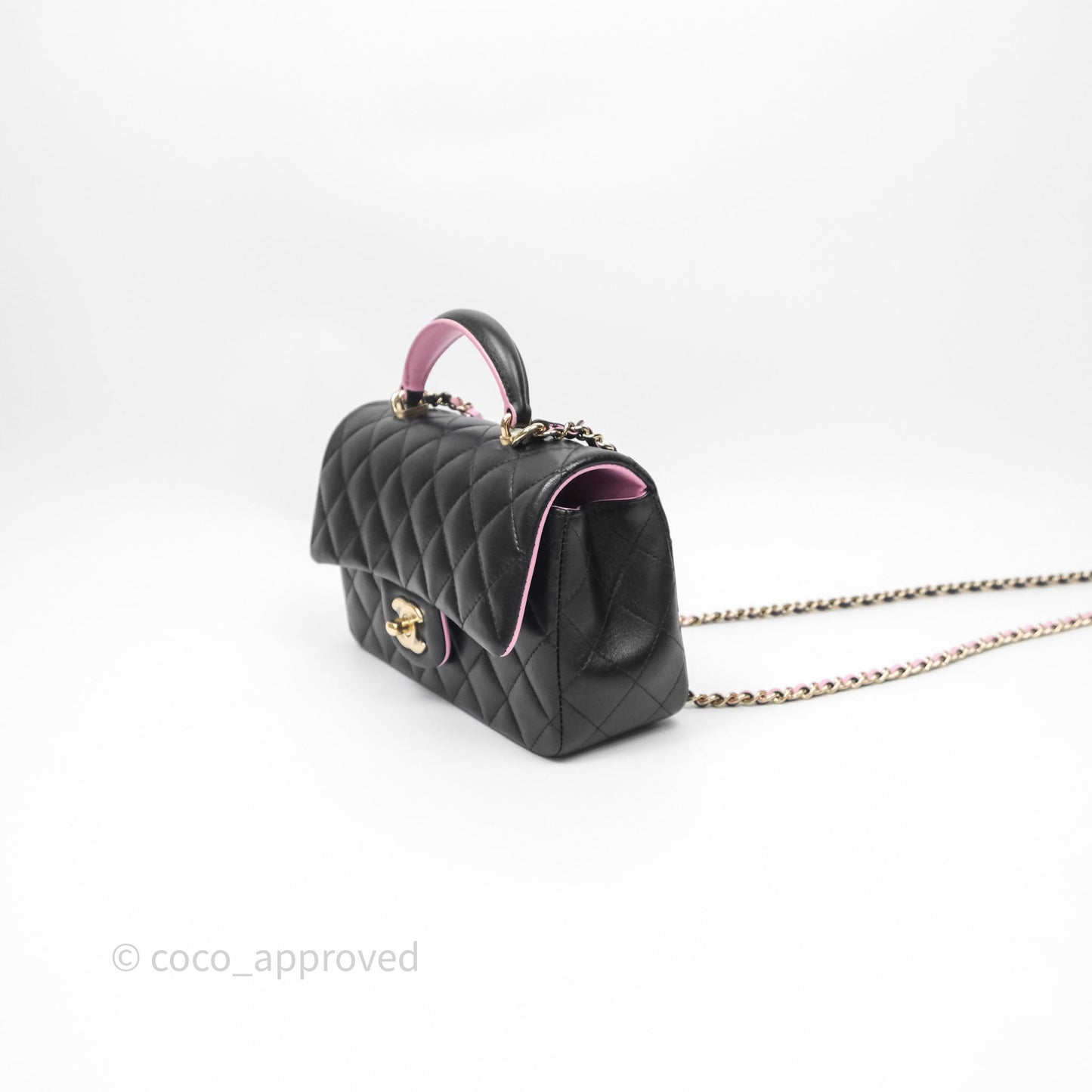 Chanel Top Handle Mini Rectangular Flap Black/Pink Lambskin Gold Hardware 23P