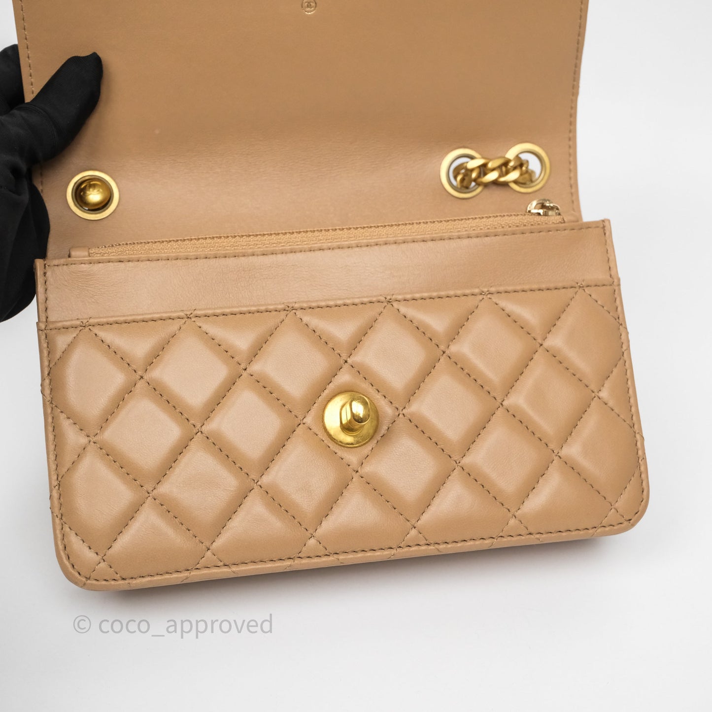 Chanel All Slide Wallet on Chain WOC Adjustable Chain Quilted Beige Lambskin