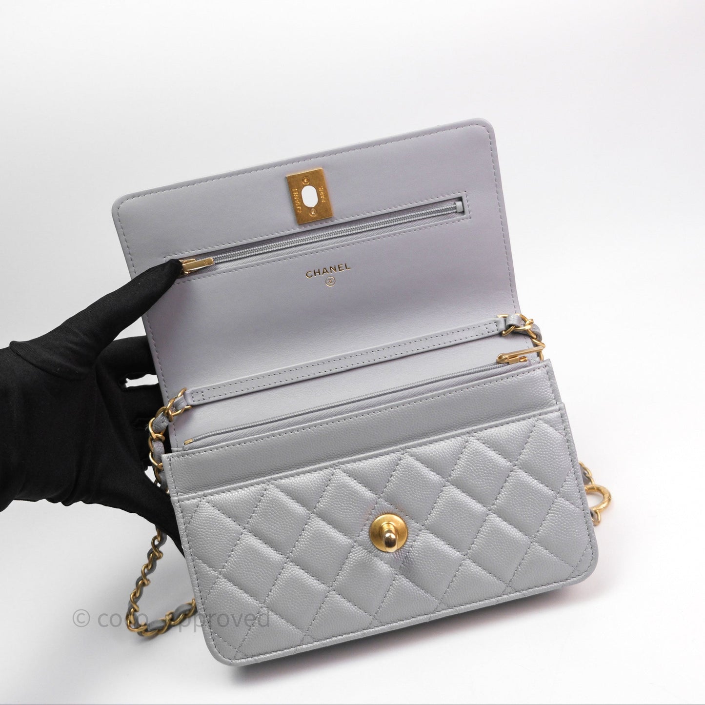 Chanel Wallet On Chain WOC Adjustable CC Chain Grey Caviar Aged Gold Hardware