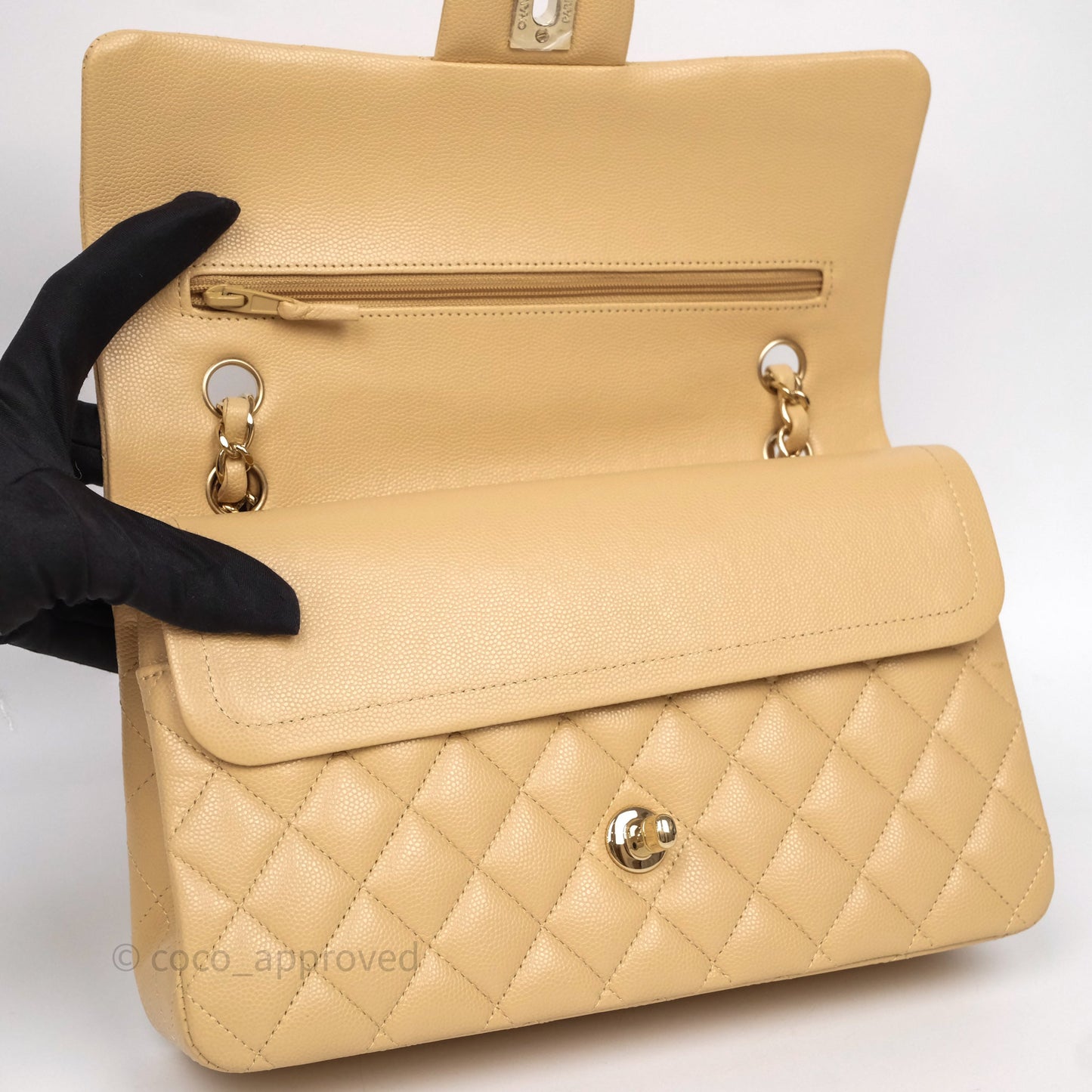 Chanel Classic M/L Medium Flap Quilted Beige Caviar Gold Hardware